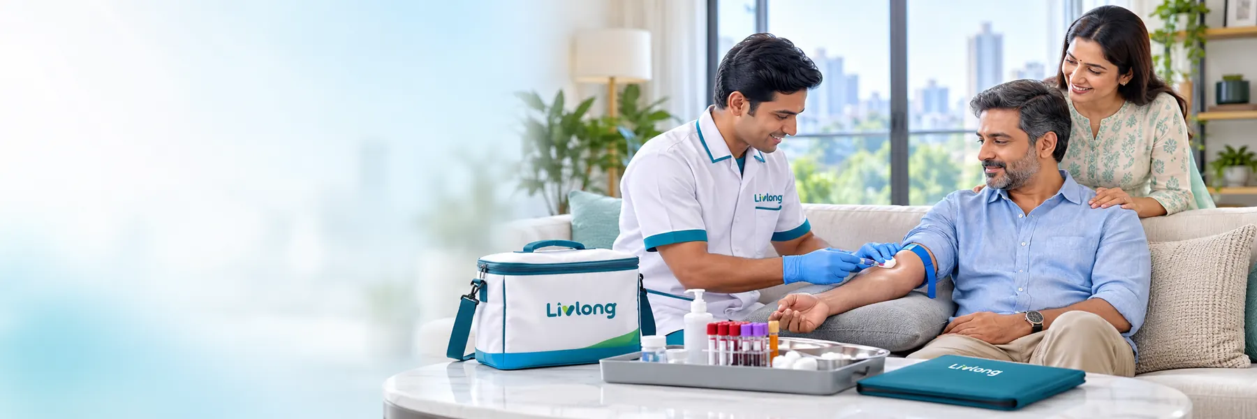 Livlong phlebotomist providing home sample collection for an Indian family