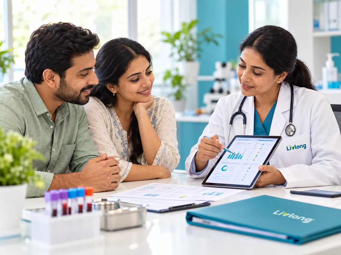Doctor discussing digital lab test results with an Indian couple