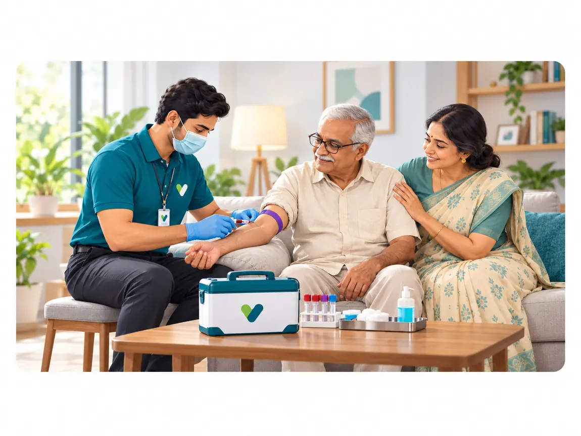 Livlong phlebotomist gently collecting a sample from a senior at home